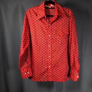 VTG 70s Skyr by Scandia Floral Nylon Men's Button Down Red Disco Mod Shirt Med